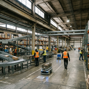 Workers and autonomous robots operating among conveyors and shelves in a warehouse