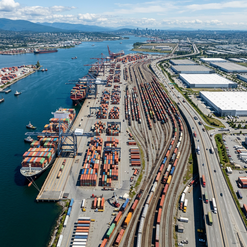 Aerial view of Vancouver container port with ships, rail yards, highways, and skyline