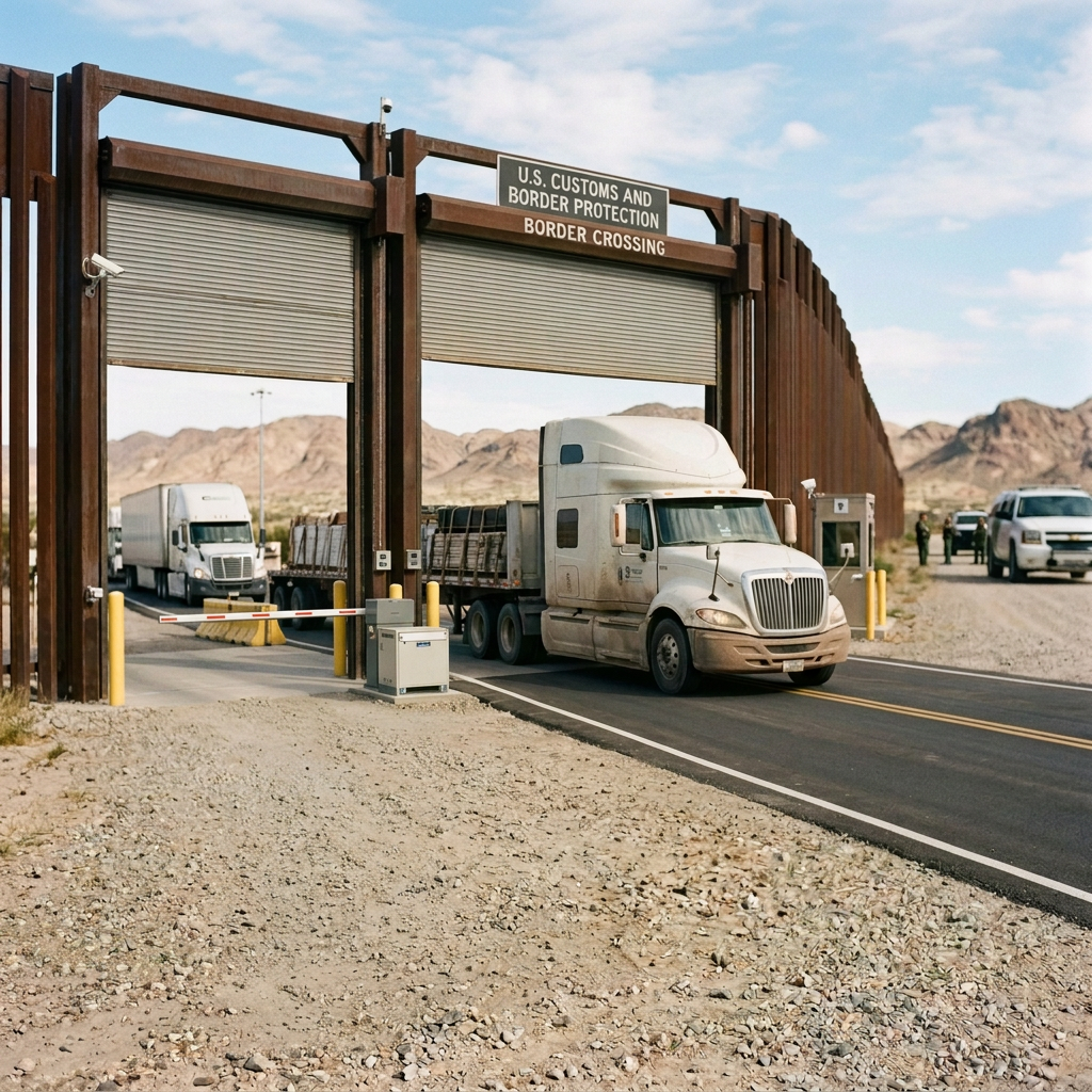 Man walking beside a tall border fence in a desert landscape