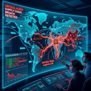 World map labeled “CRITICAL ALERT: SUPPLY CHAIN BREACH DETECTED” with analysts monitoring disruptions.