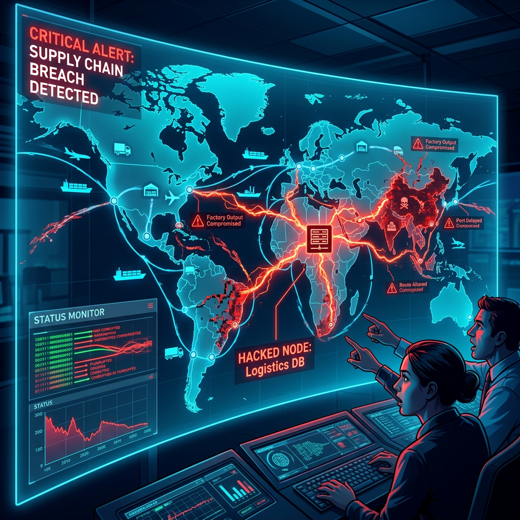 World map labeled “CRITICAL ALERT: SUPPLY CHAIN BREACH DETECTED” with analysts monitoring disruptions.