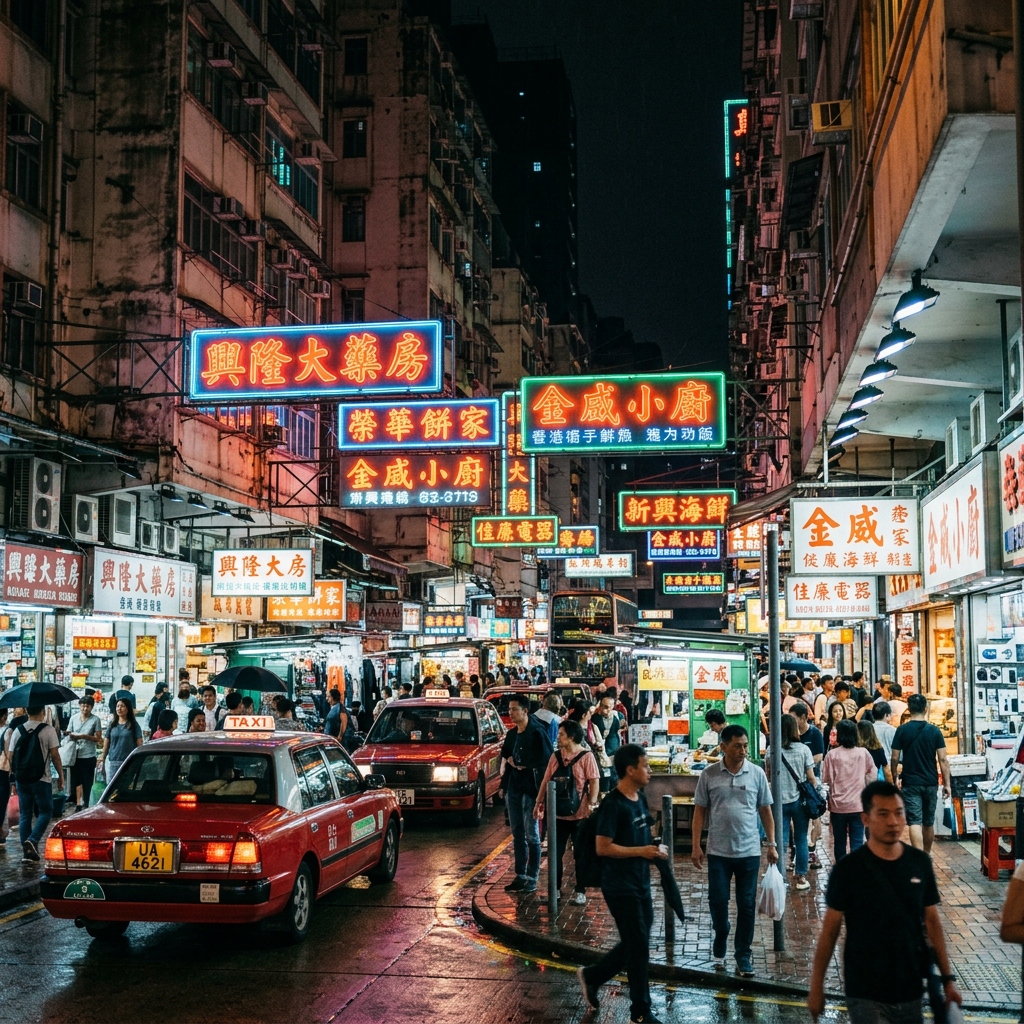 Busy Hong Kong street with neon Chinese signs, red taxis, pedestrians, and rain