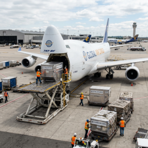 Global Air Cargo 747-8F being loaded with freight by ground crews