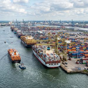 Container ships and cranes at a busy commercial shipping port