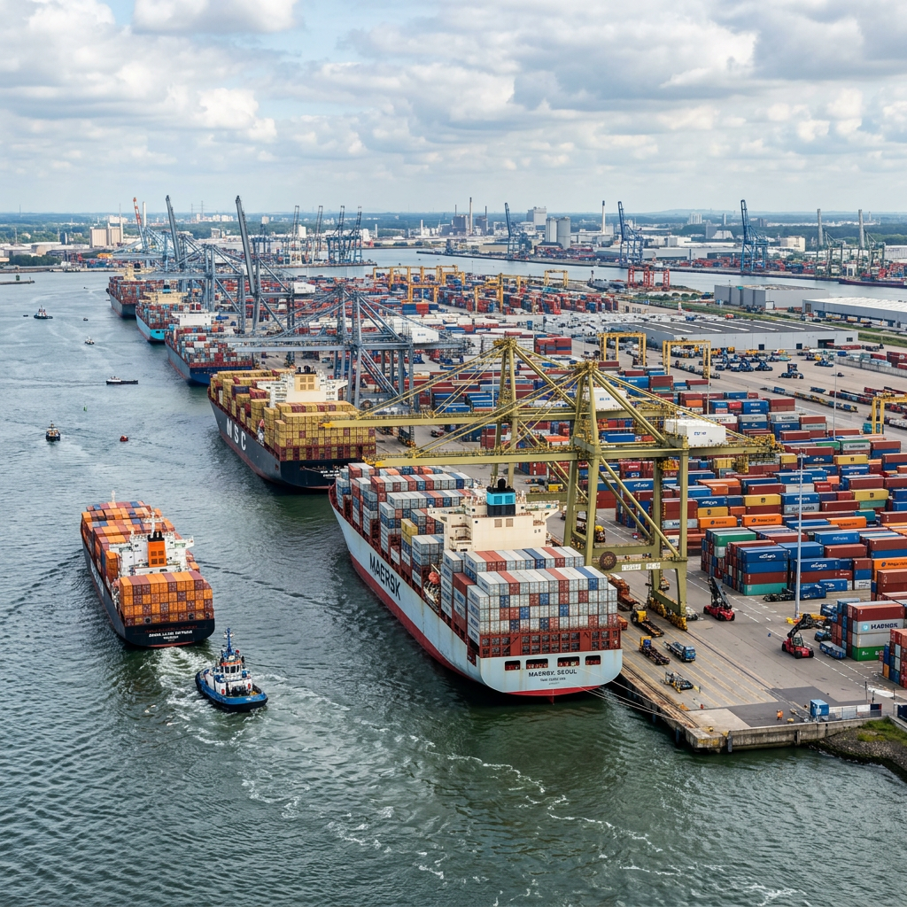 Container ships and cranes at a busy commercial shipping port