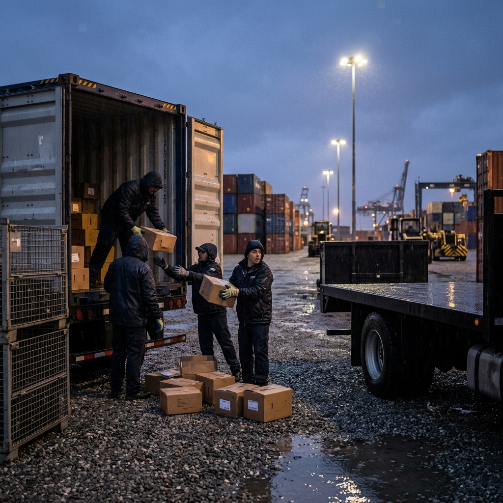 Workers unloading boxes from a shipping container at a rainy port