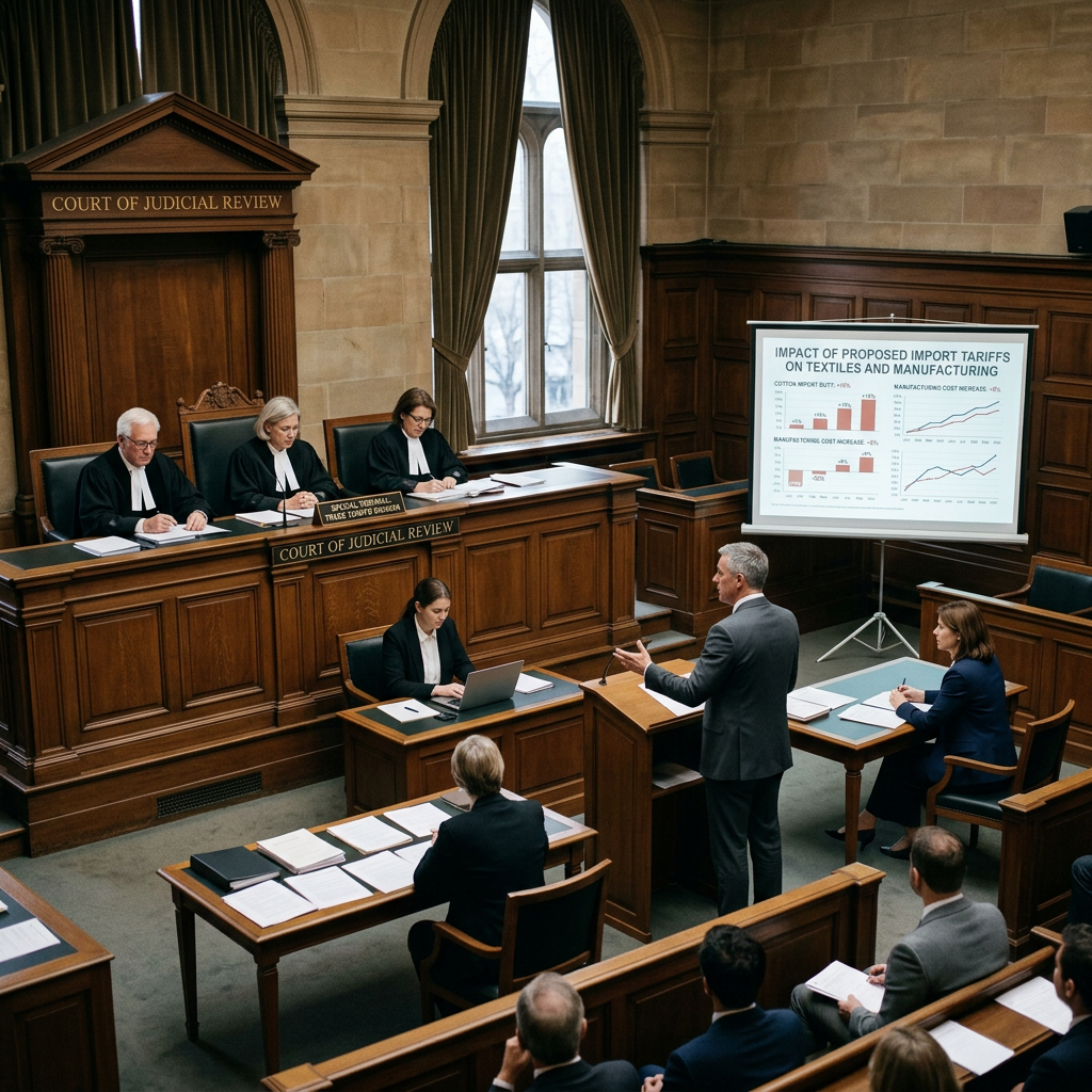 Judicial hearing with judges, attorneys, and tariff impact charts labeled “Court of Judicial Review” and “Impact of Proposed Import Tariffs on Textiles and Manufacturing.”