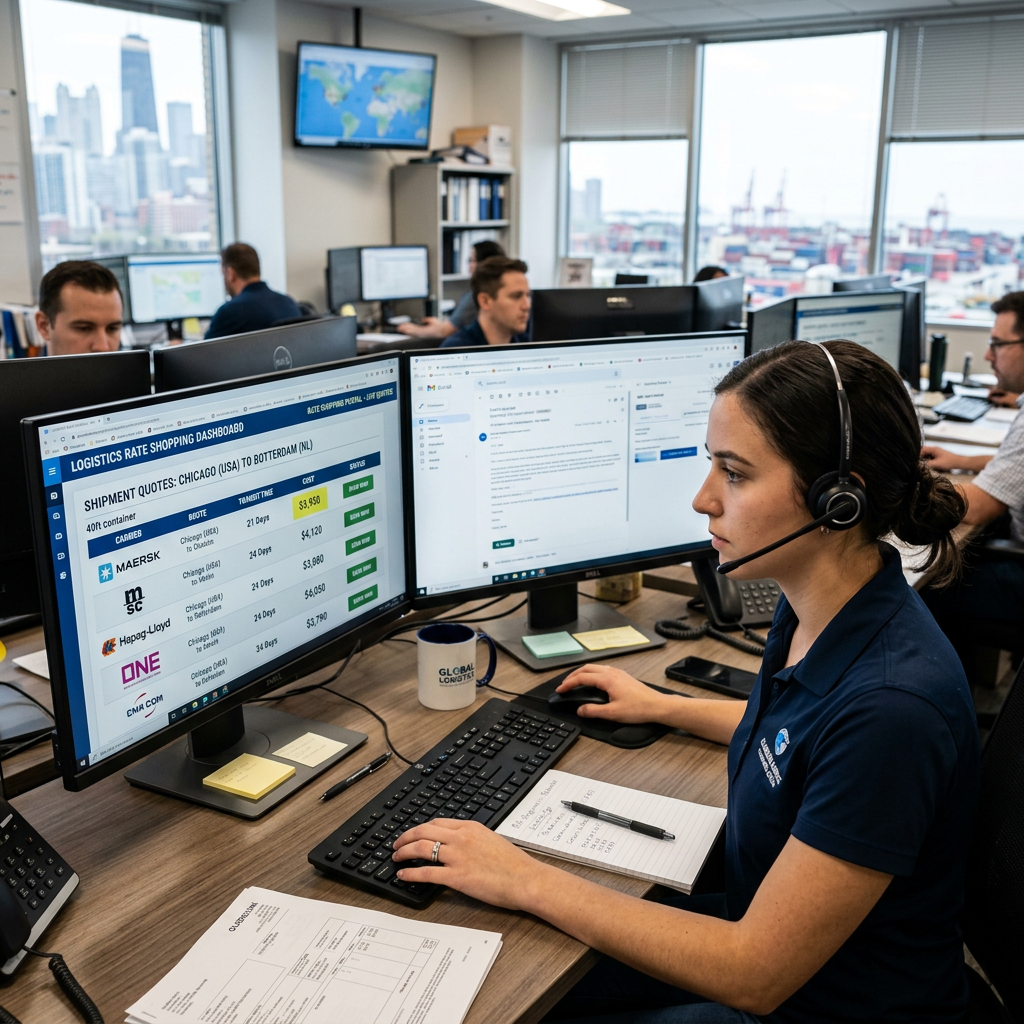 Logistics coordinator using dual monitors to review international shipping rates