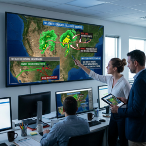 Team reviewing map labeled Weather Forecast: Blizzard Warning and Freight Decision Dashboard; divert to southwest route, avoid Interstate 80.