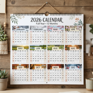 2026 calendar showing monthly grids from January through December, with August labeled twice