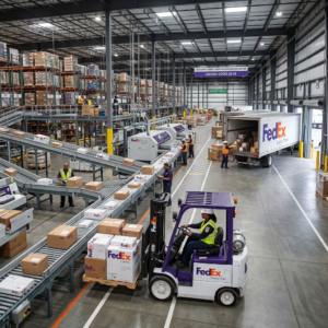 FedEx warehouse workers sorting packages beside conveyor belts and a forklift