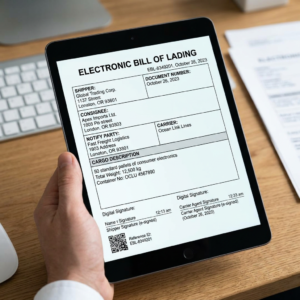 Tablet displaying ELECTRONIC BILL OF LADING with shipment details, signatures, and QR code