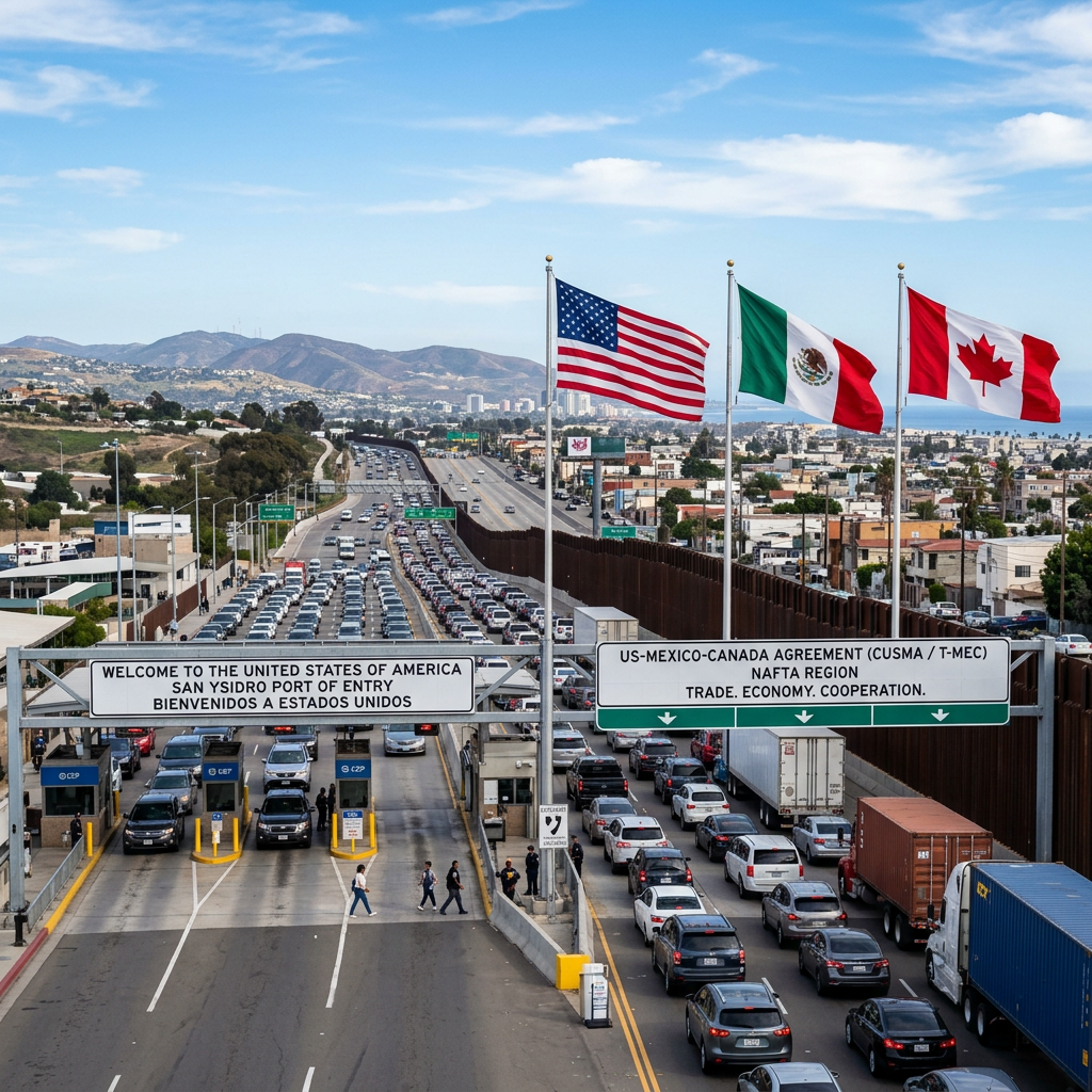 San Ysidro border crossing with U.S., Mexican, and Canadian flags