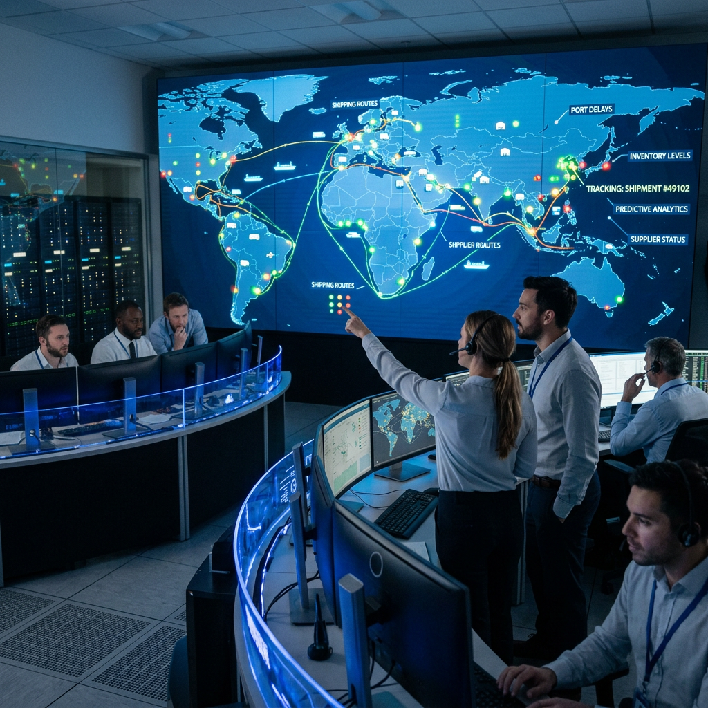 Logistics team monitoring global shipment routes on a digital world map