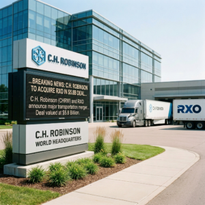 C.H. Robinson sign and news display announcing acquisition of RXO in a $5.8B deal