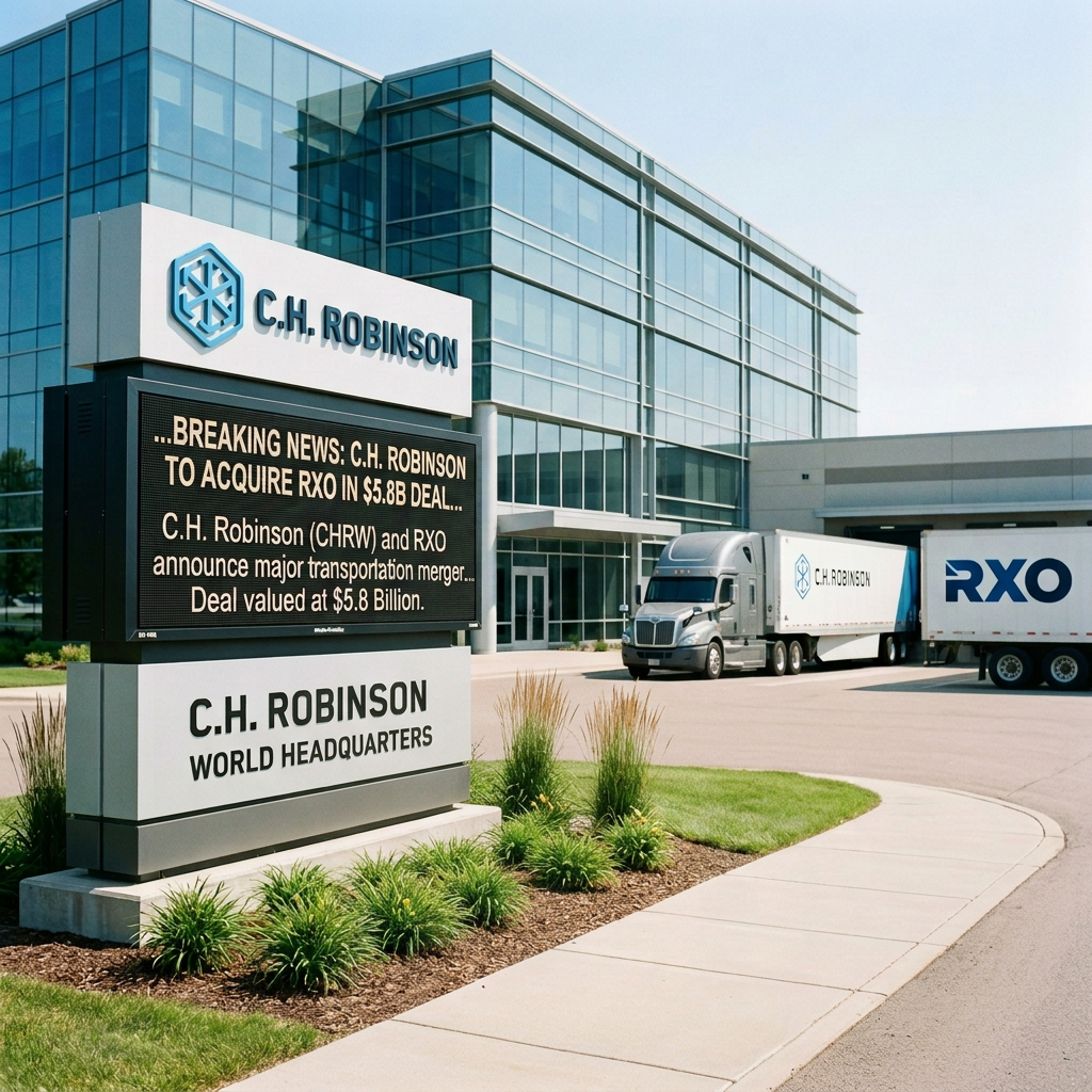 C.H. Robinson sign and news display announcing acquisition of RXO in a $5.8B deal