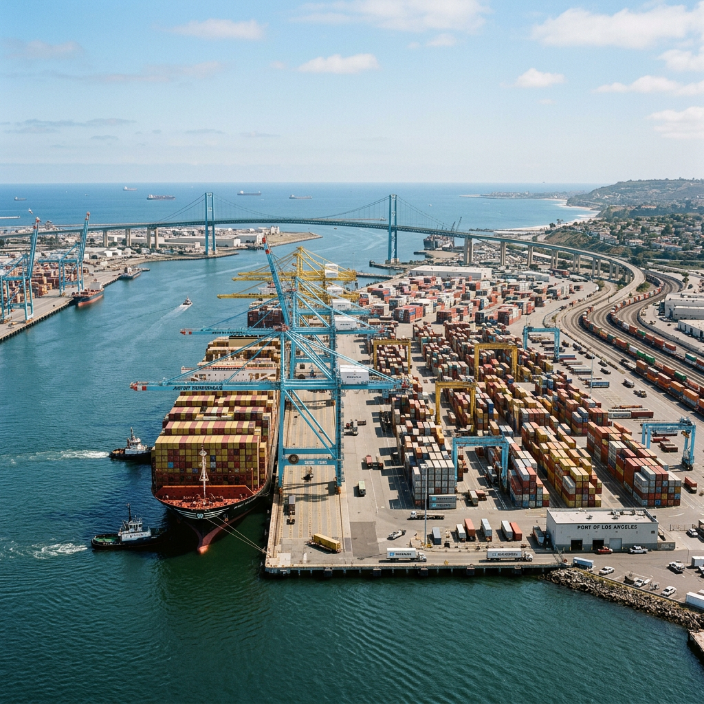 Port of Los Angeles container terminal beneath Vincent Thomas Bridge
