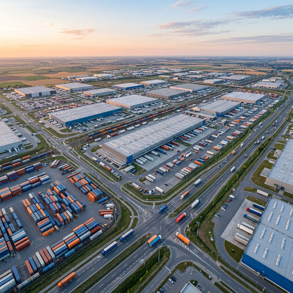 Aerial view of warehouses, freight trains, containers, and highways