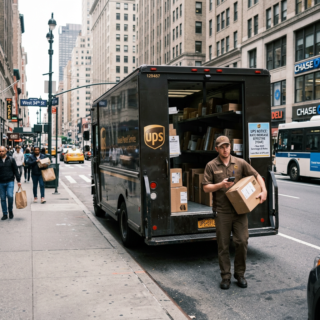 UPS driver carrying a package beside an open delivery truck on West 34th Street